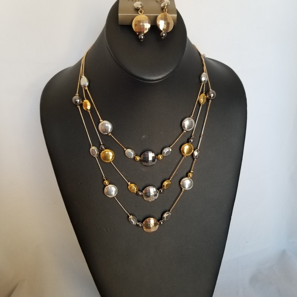 Gold Silver 3 strands Necklace and Earring Set 19" Studio S *
